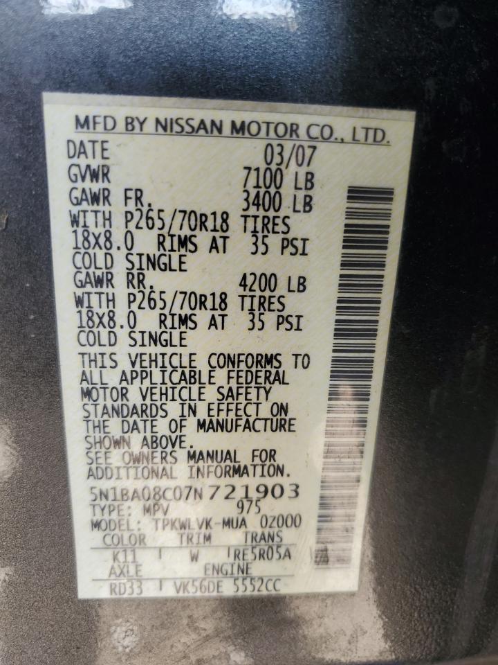 2007 Nissan Armada Se VIN: 5N1BA08C07N721903 Lot: 84617665