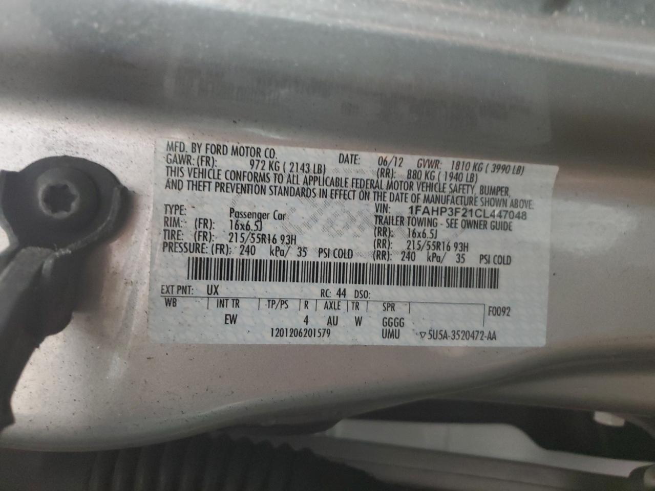 2012 Ford Focus Se VIN: 1FAHP3F21CL447048 Lot: 84785645