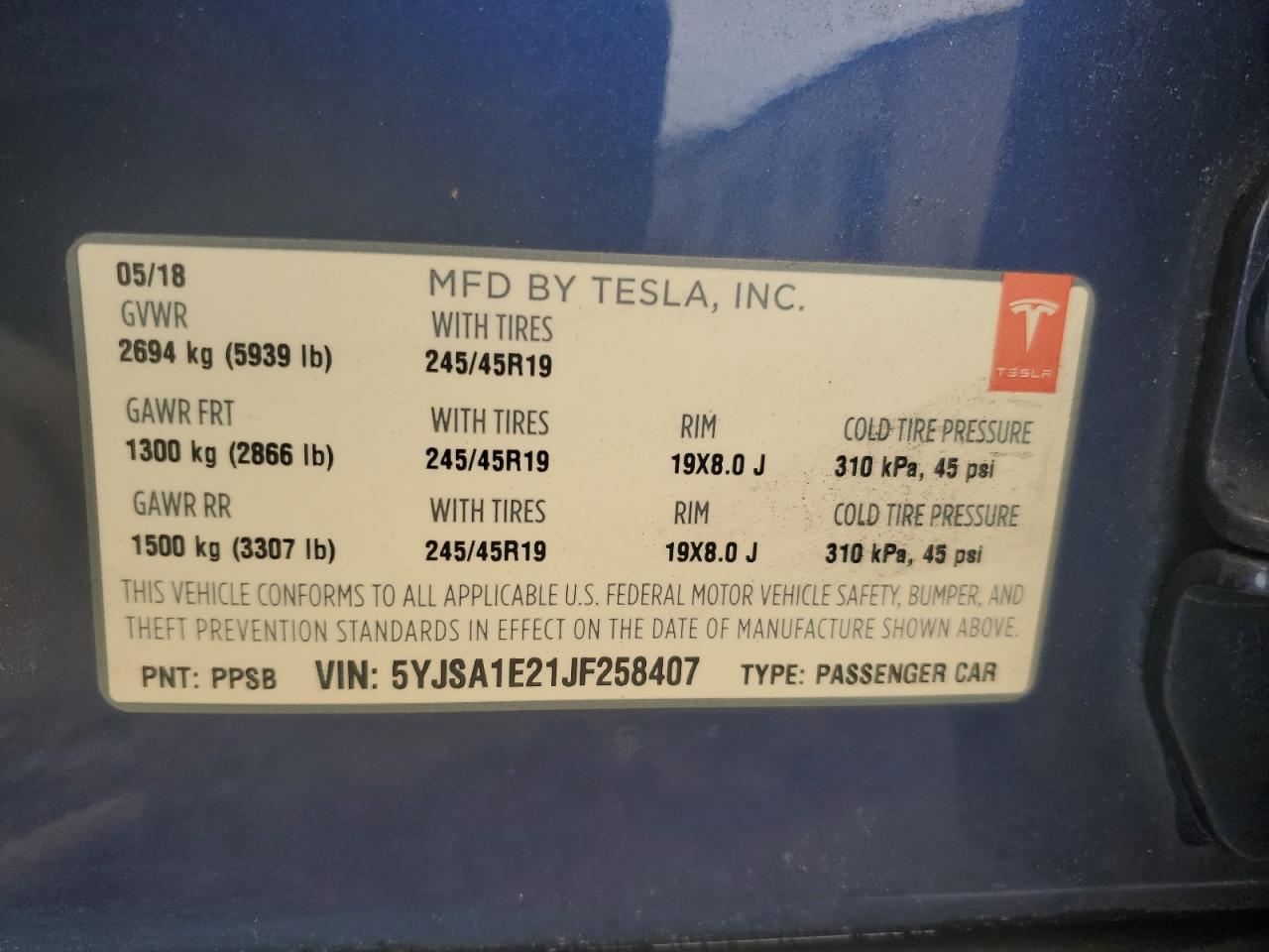 2018 Tesla Model S VIN: 5YJSA1E21JF258407 Lot: 80553135
