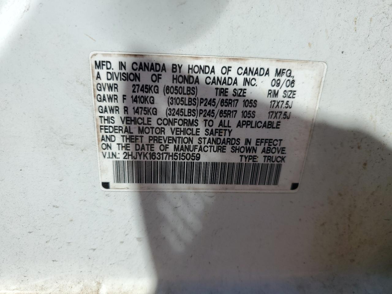 2007 Honda Ridgeline Rtx VIN: 2HJYK16317H515059 Lot: 80898825