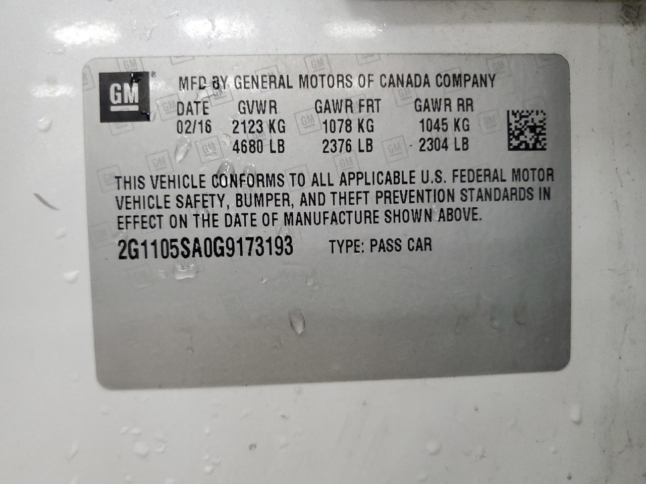 2016 Chevrolet Impala Lt VIN: 2G1105SA0G9173193 Lot: 84260825