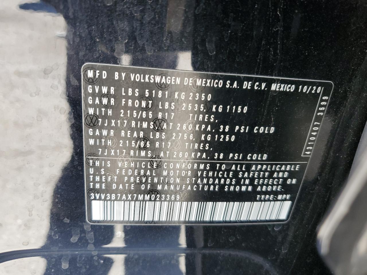 2021 Volkswagen Tiguan Se VIN: 3VV3B7AX7MM023369 Lot: 71642985