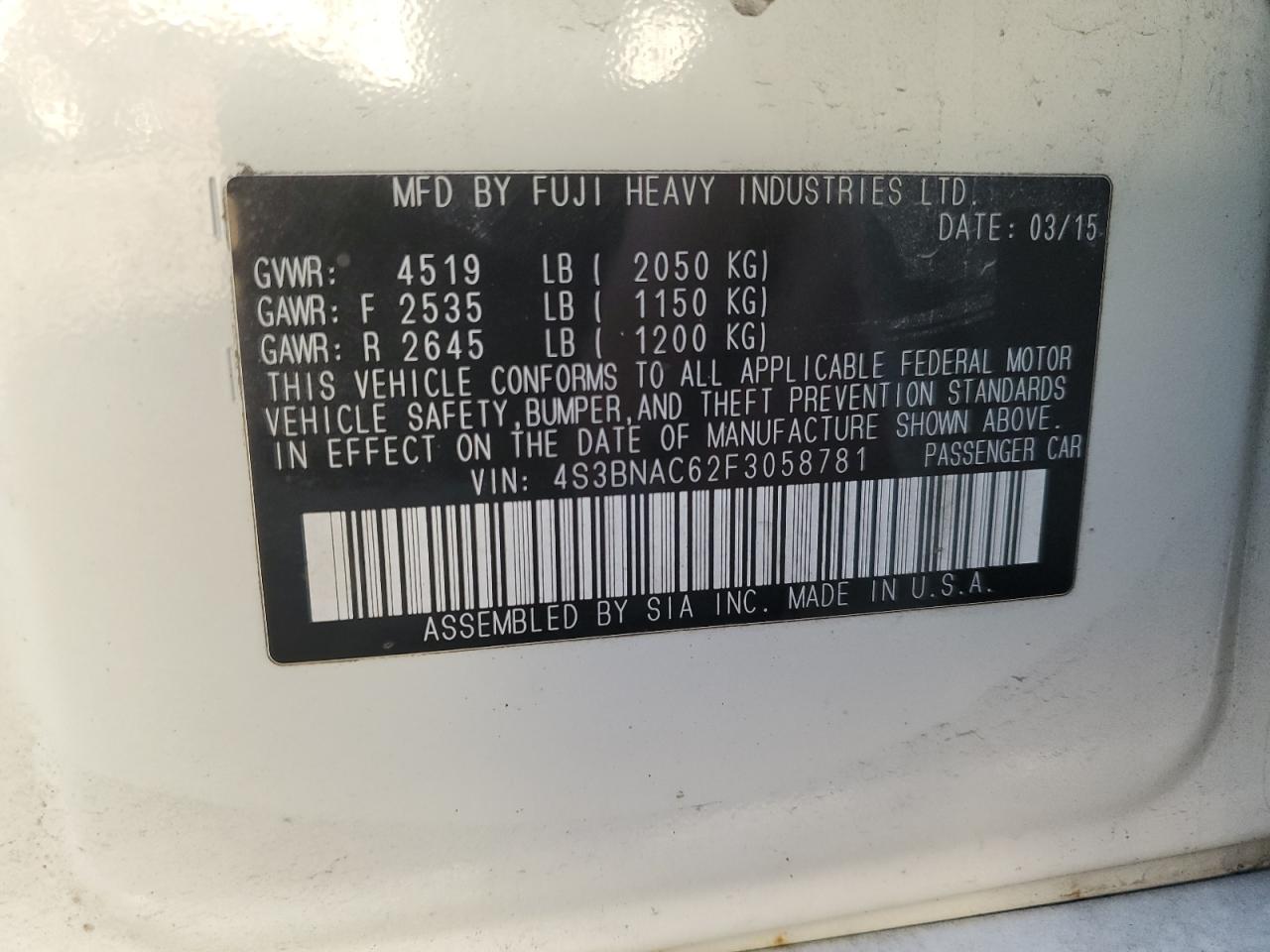 2015 Subaru Legacy 2.5I Premium VIN: 4S3BNAC62F3058781 Lot: 80653955