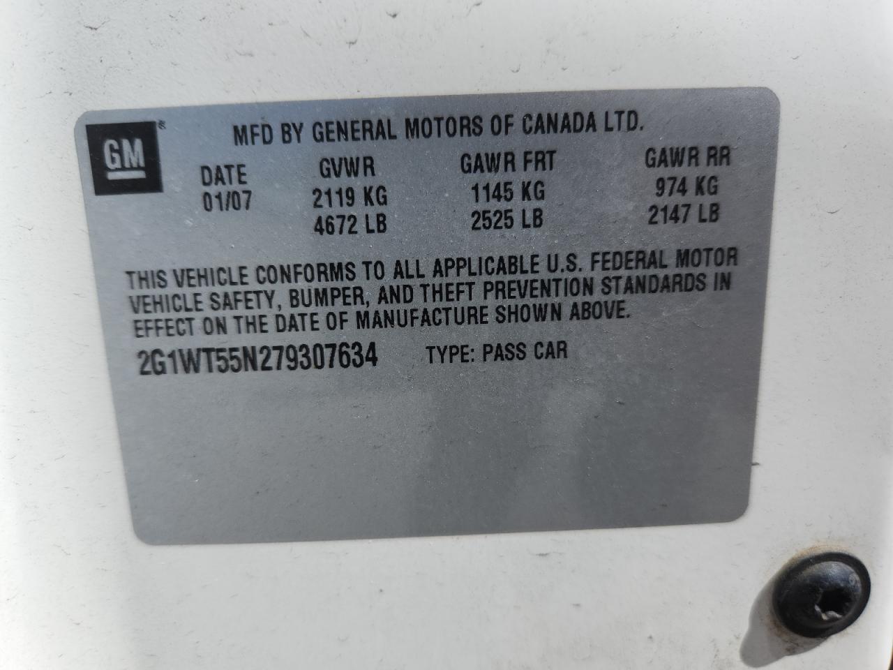 2007 Chevrolet Impala Lt VIN: 2G1WT55N279307634 Lot: 83757705