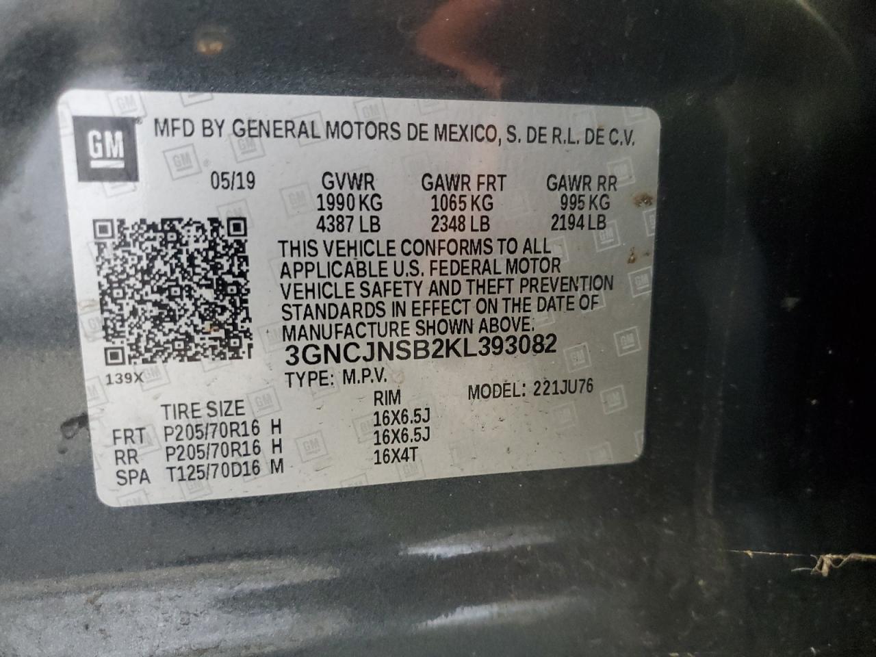 2019 Chevrolet Trax Ls VIN: 3GNCJNSB2KL393082 Lot: 80068605