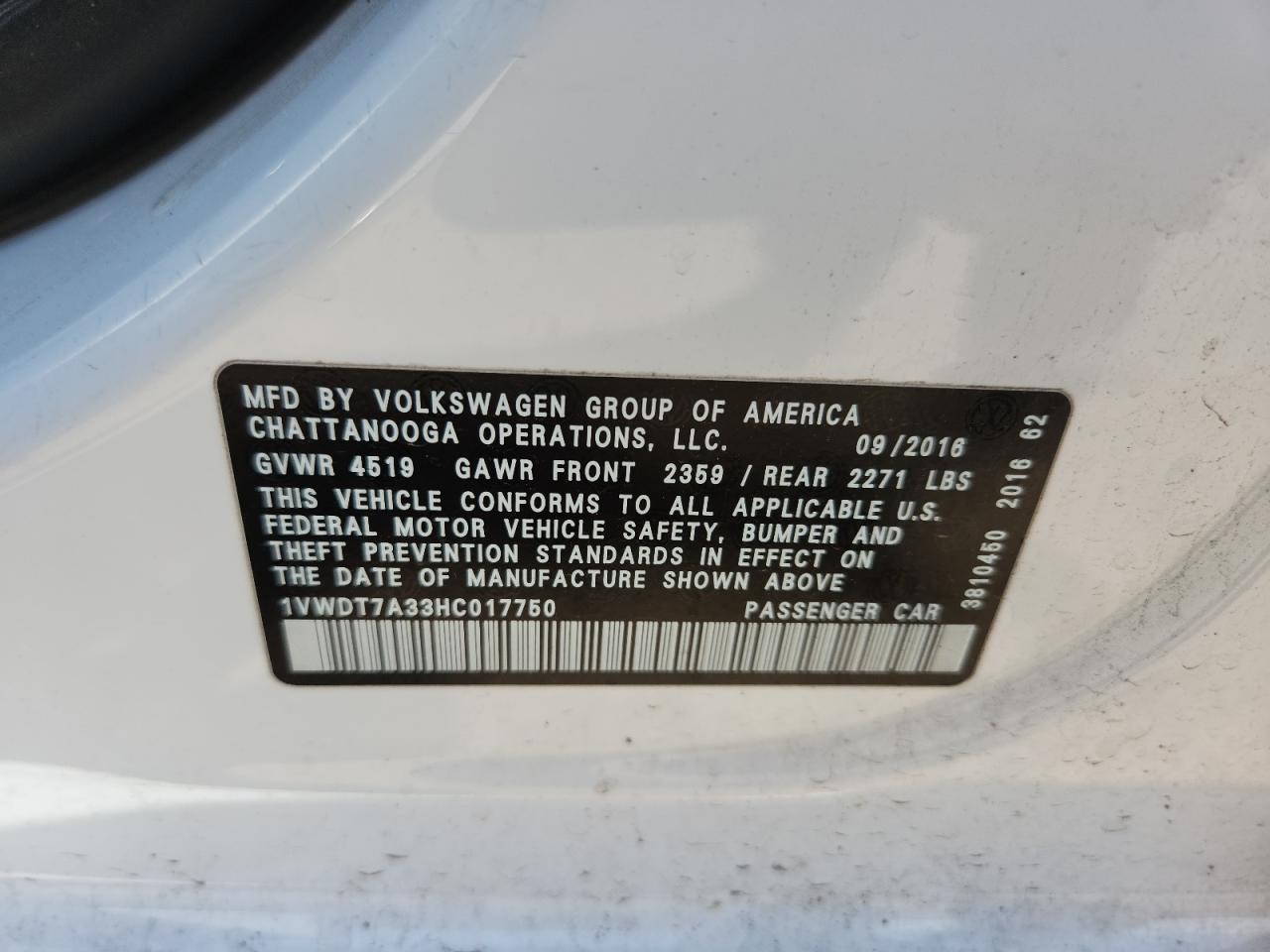 2017 Volkswagen Passat R-Line VIN: 1VWDT7A33HC017750 Lot: 71075895