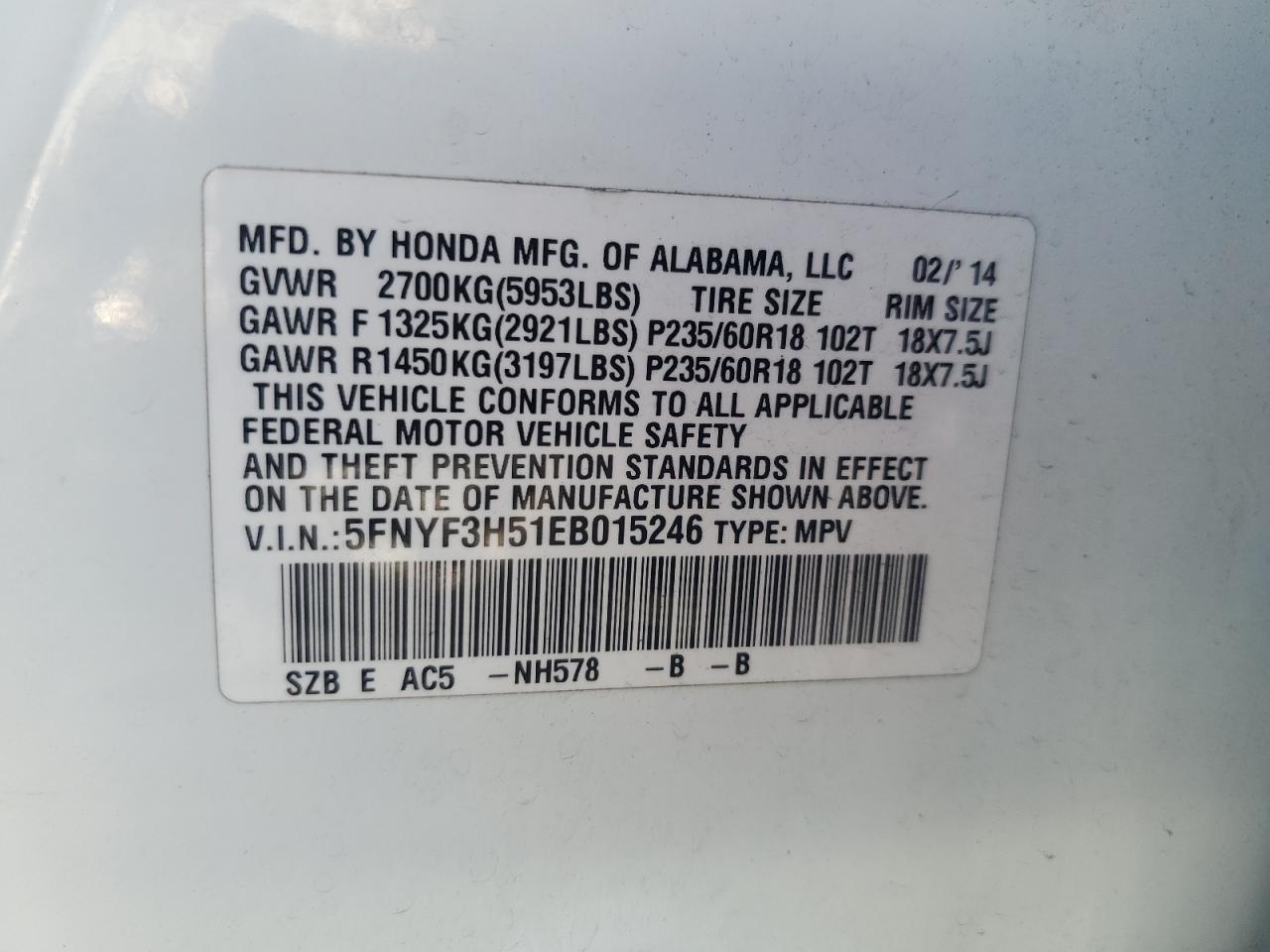 2014 Honda Pilot Exl VIN: 5FNYF3H51EB015246 Lot: 70303625