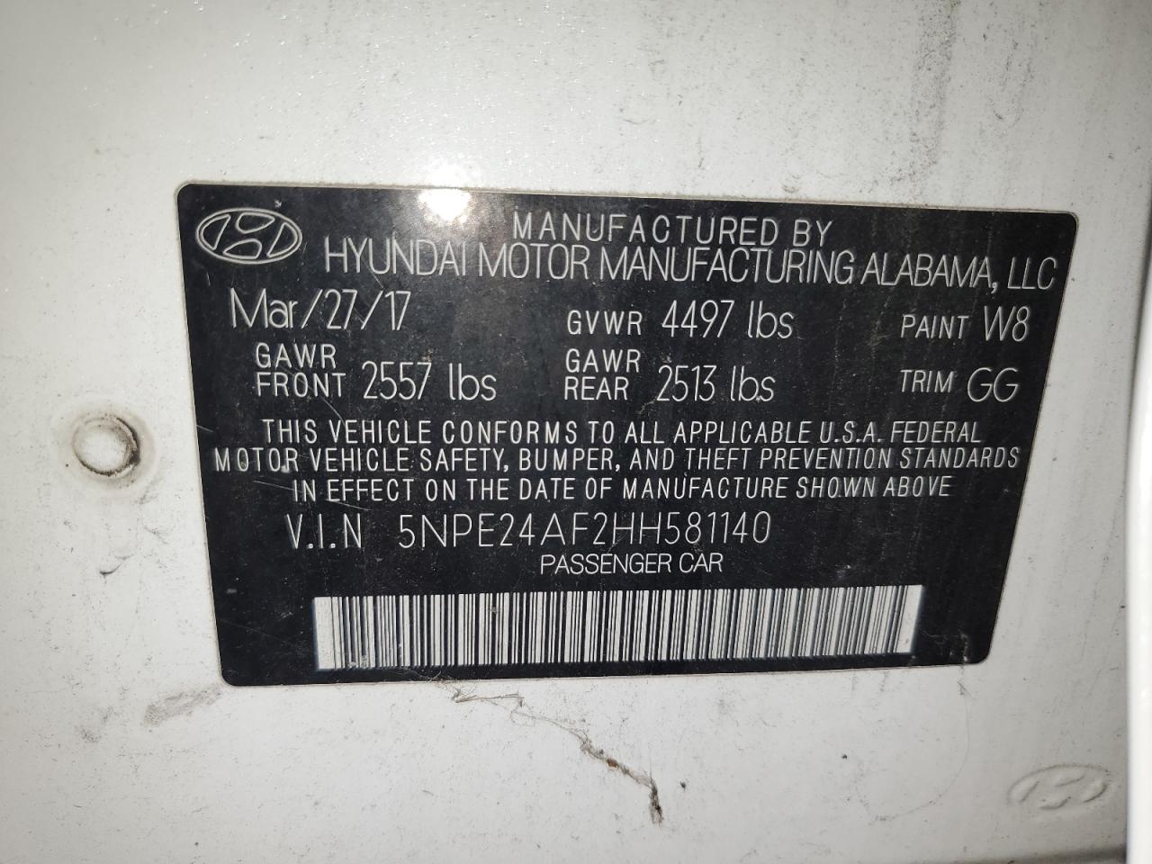 2017 Hyundai Sonata Se VIN: 5NPE24AF2HH581140 Lot: 71163005