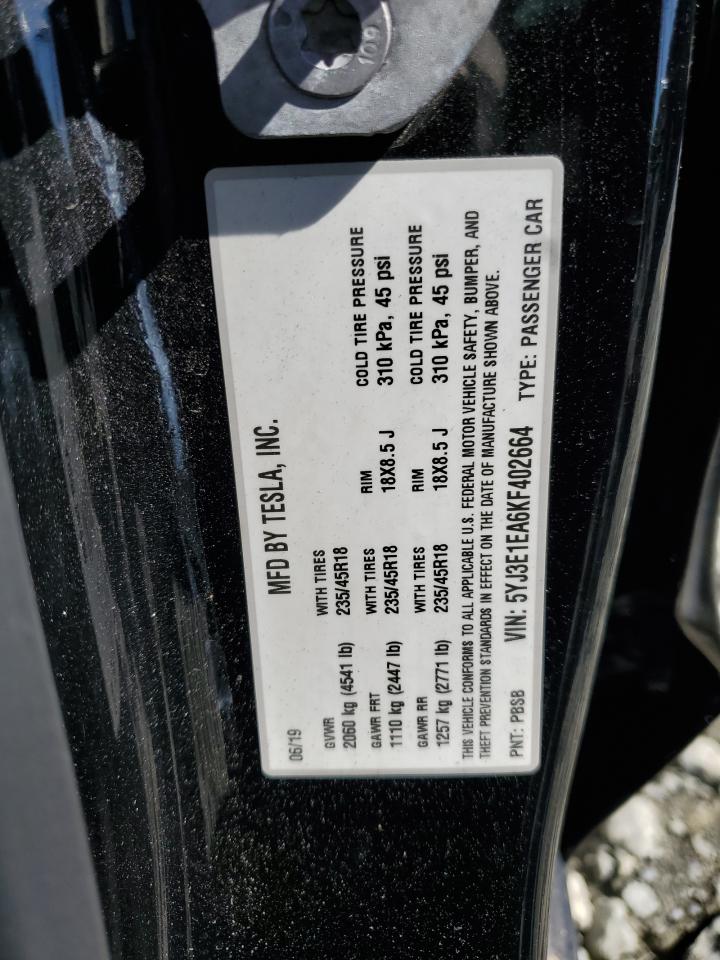 2019 Tesla Model 3 VIN: 5YJ3E1EA6KF402664 Lot: 72029695