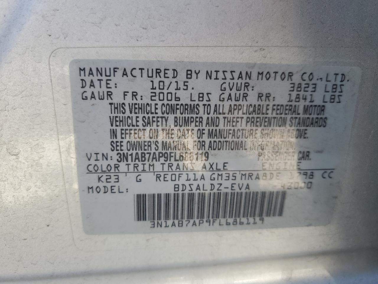 2015 Nissan Sentra S VIN: 3N1AB7AP9FL686119 Lot: 81759545