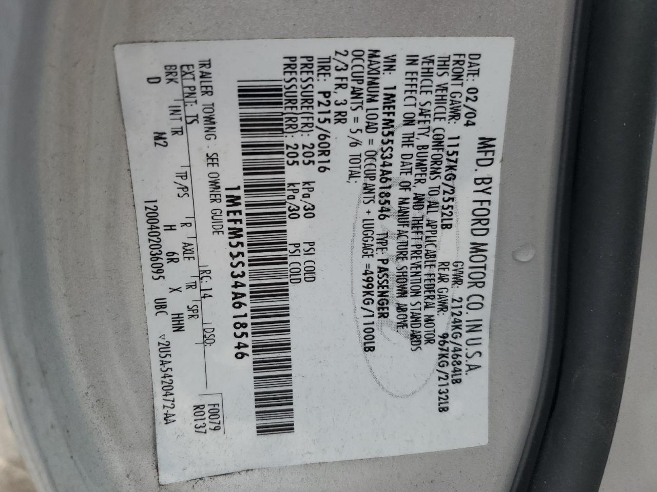 2004 Mercury Sable Ls Premium VIN: 1MEFM55S34A618546 Lot: 80886785