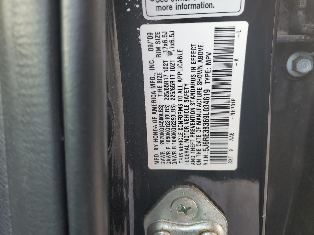 2009 Honda Cr-V Lx VIN: 5J6RE38369L034619 Lot: 71070705