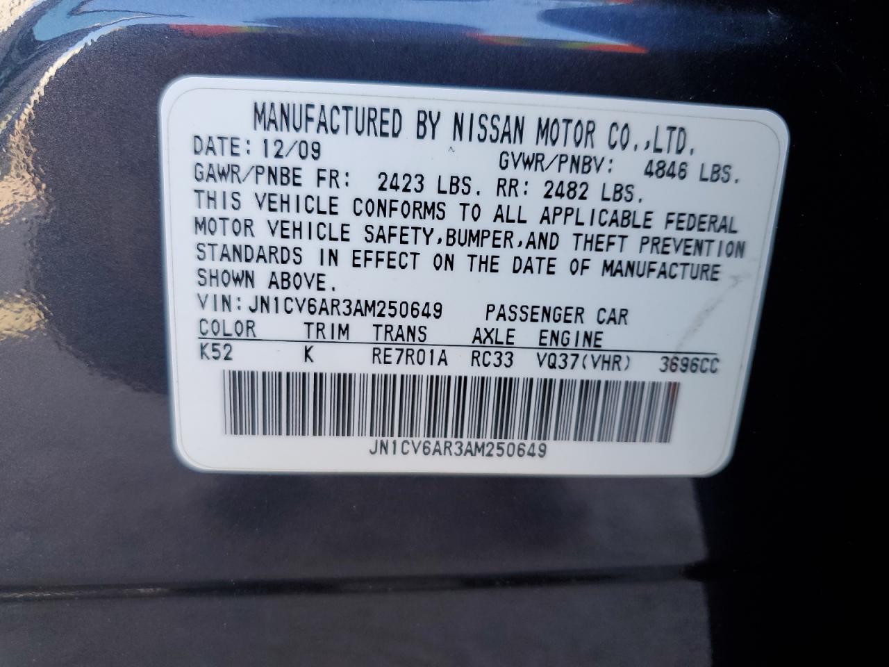2010 Infiniti G37 VIN: JN1CV6AR3AM250649 Lot: 71055005