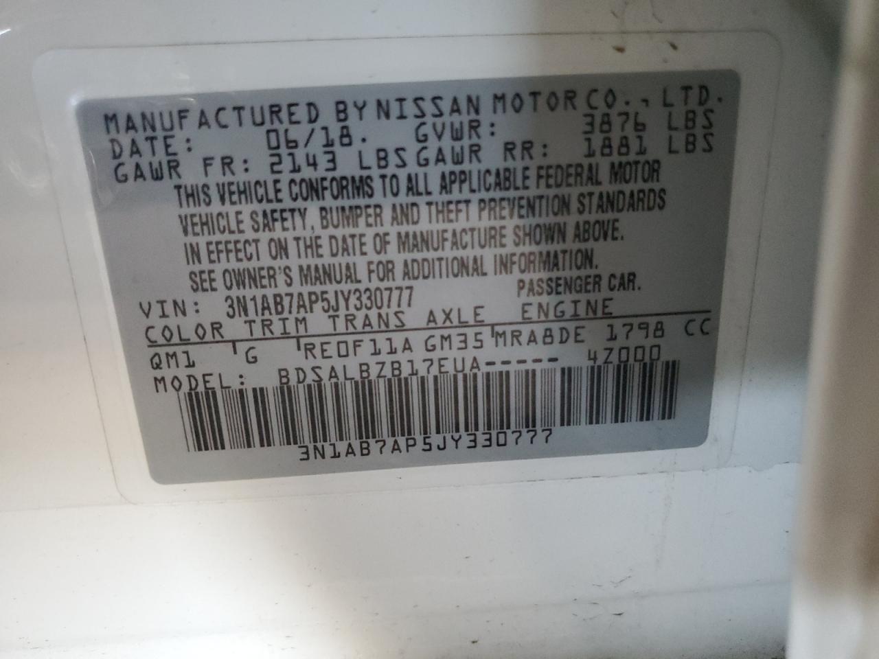 2018 Nissan Sentra S VIN: 3N1AB7AP5JY330777 Lot: 81902365