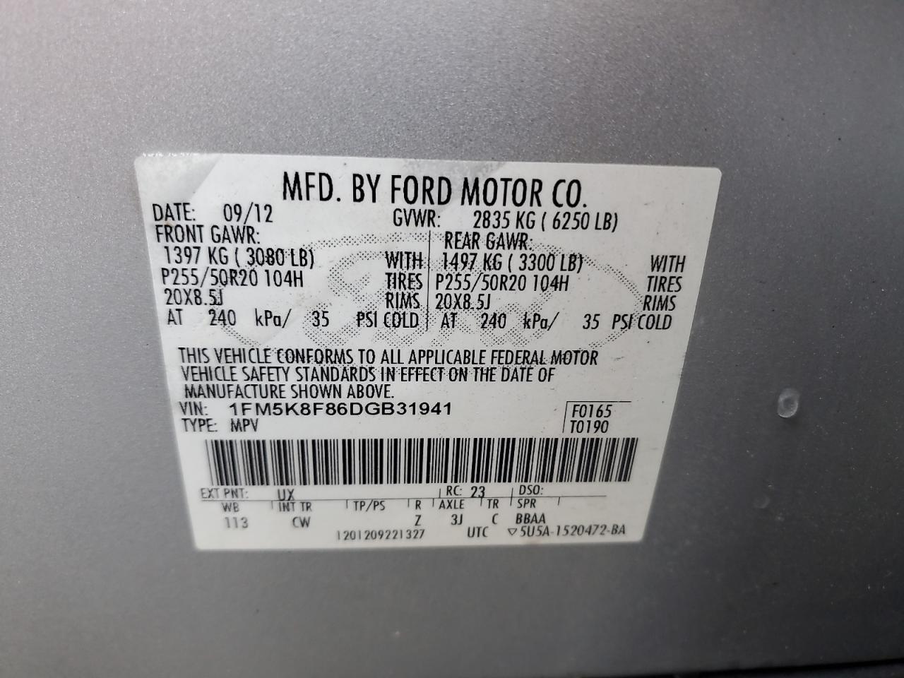 2013 Ford Explorer Limited VIN: 1FM5K8F86DGB31941 Lot: 80297035