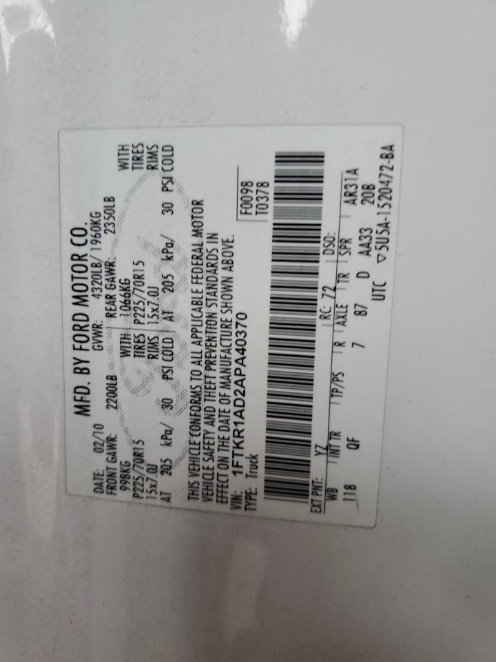 2010 Ford Ranger VIN: 1FTKR1AD2APA40370 Lot: 80315565