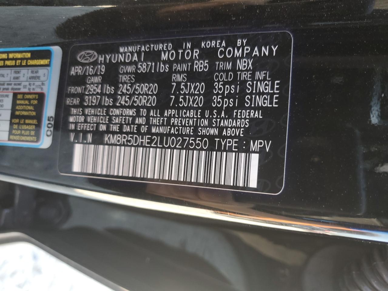 2020 Hyundai Palisade Limited VIN: KM8R5DHE2LU027550 Lot: 80277585