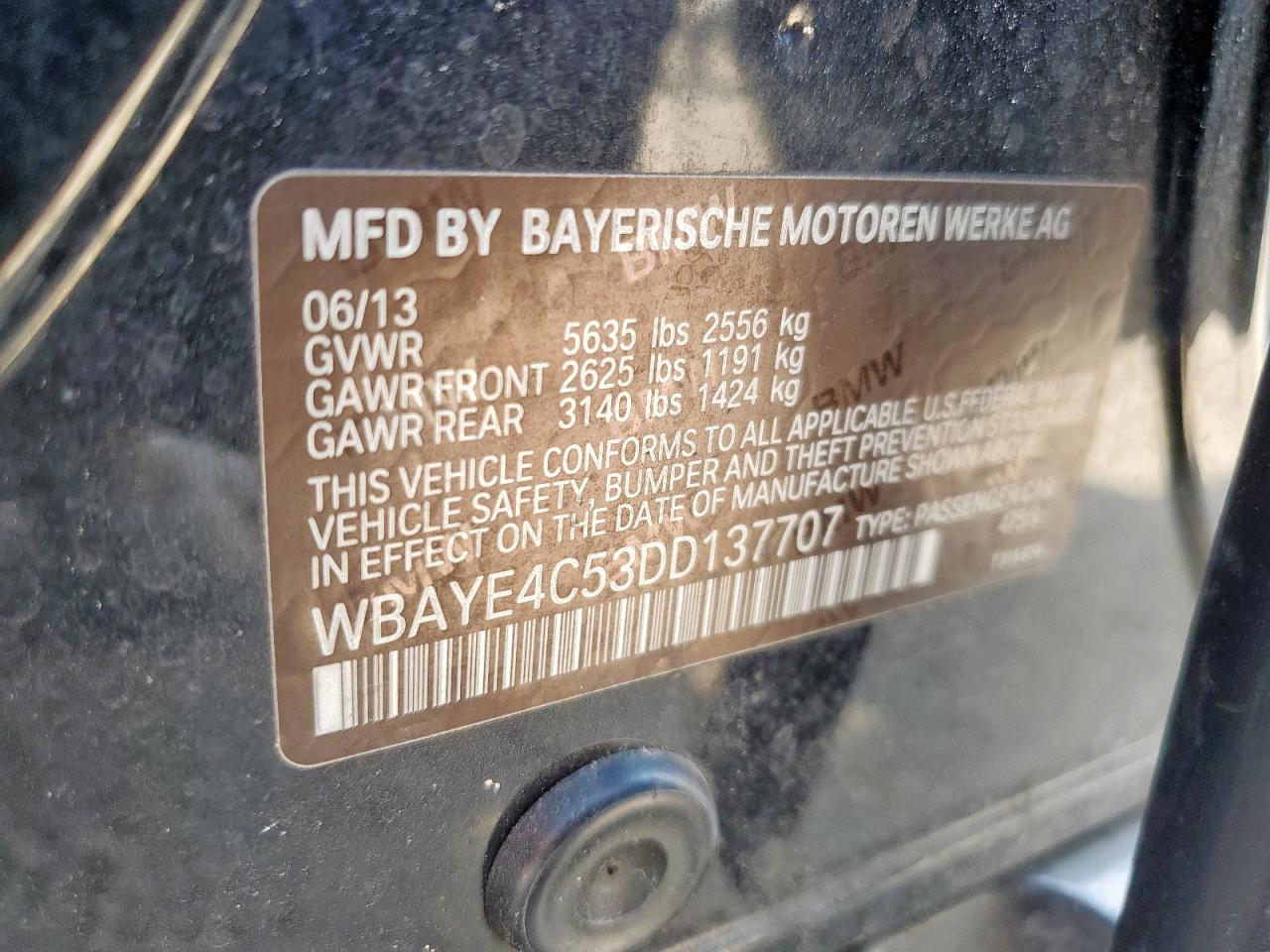 2013 BMW 740 Li VIN: WBAYE4C53DD137707 Lot: 80791975