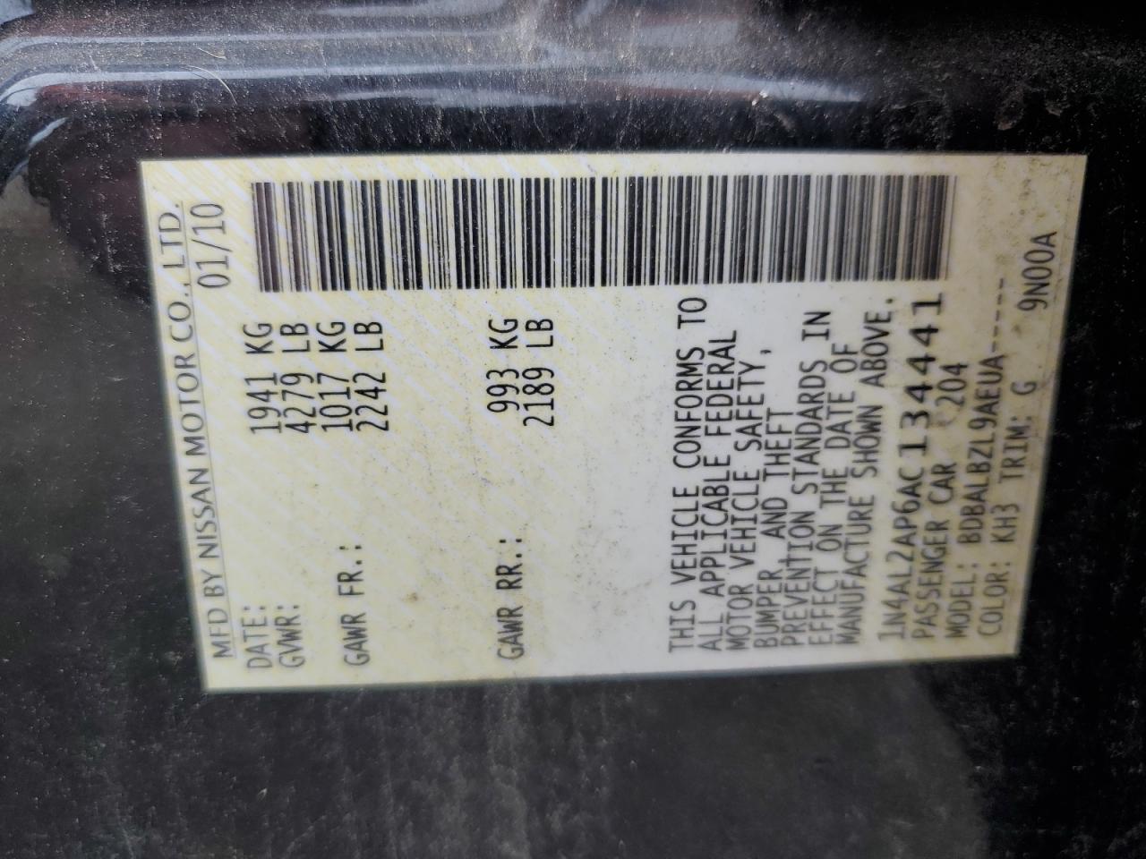 2010 Nissan Altima Base VIN: 1N4AL2AP6AC134441 Lot: 84706205