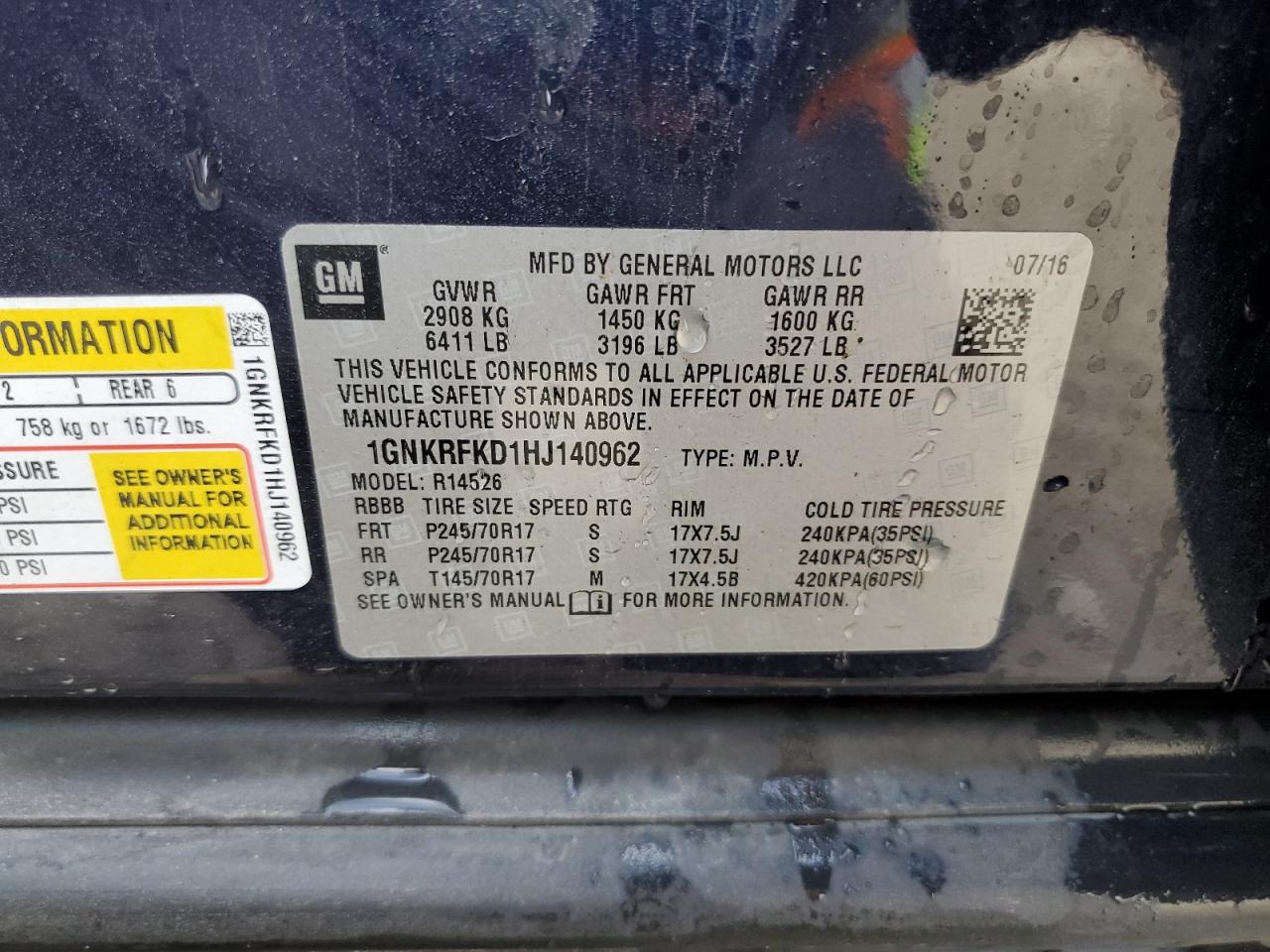 2017 Chevrolet Traverse Ls VIN: 1GNKRFKD1HJ140962 Lot: 81440265