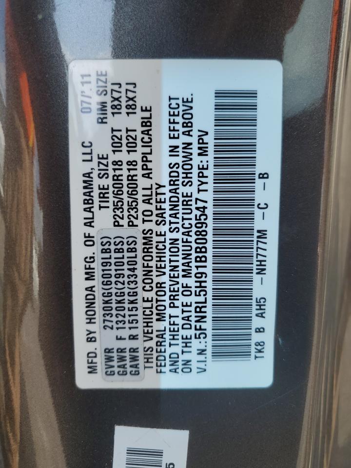2011 Honda Odyssey Touring VIN: 5FNRL5H91BB089547 Lot: 72002965