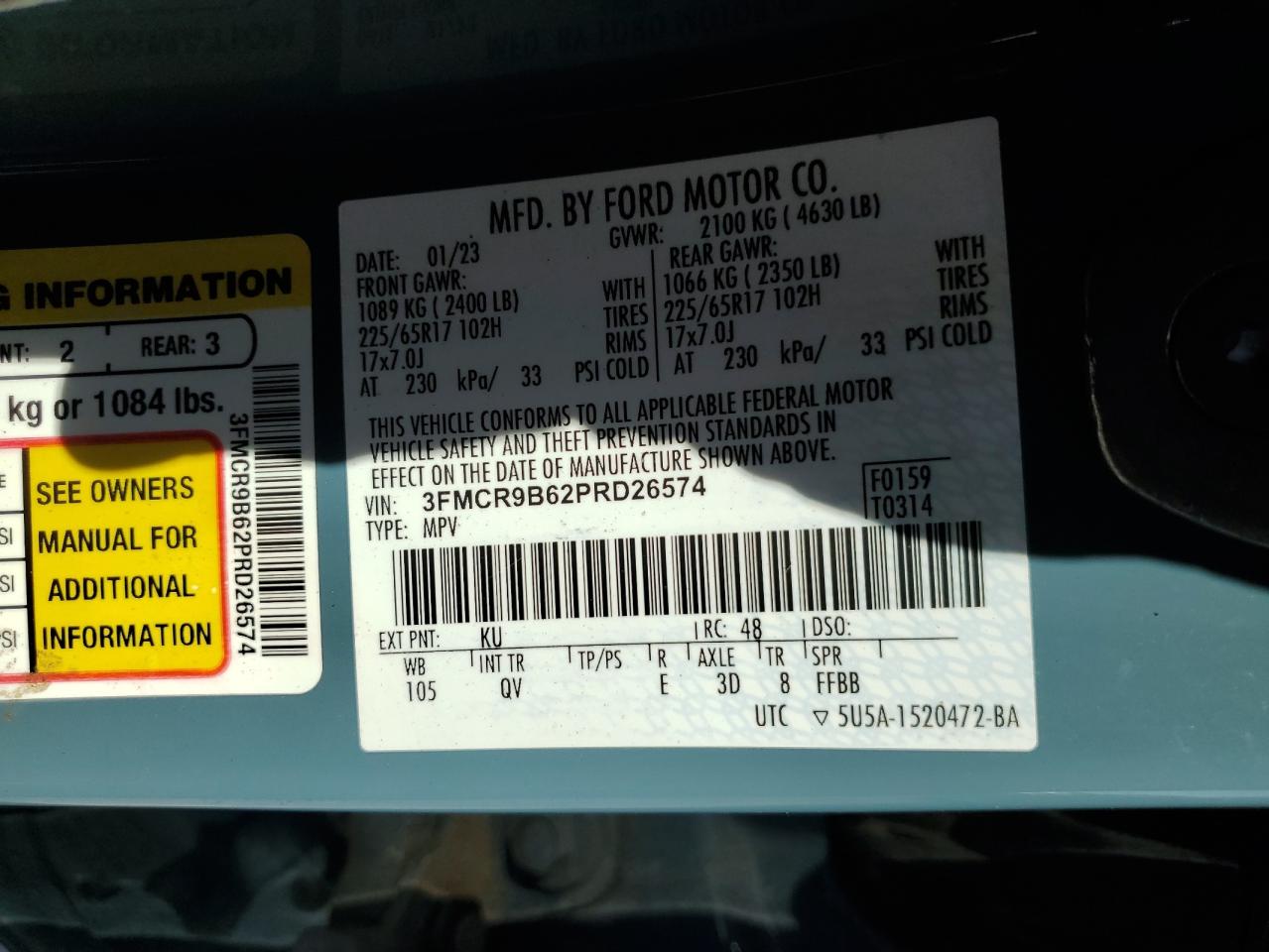 2023 Ford Bronco Sport Big Bend VIN: 3FMCR9B62PRD26574 Lot: 80911785