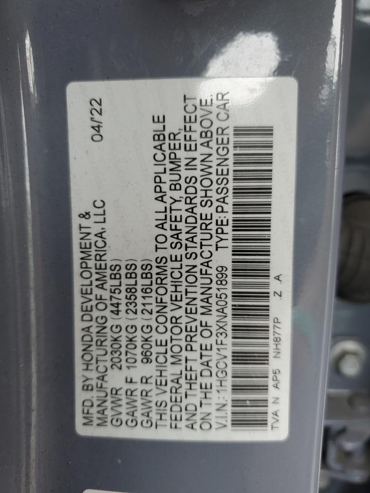 2022 Honda Accord Sport VIN: 1HGCV1F3XNA051899 Lot: 81785935