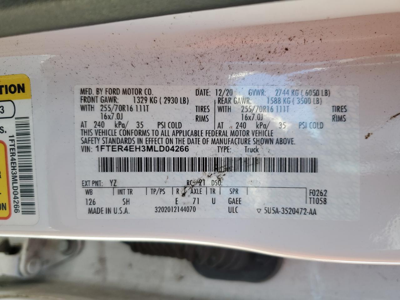 2021 Ford Ranger Xl VIN: 1FTER4EH3MLD04266 Lot: 81061355