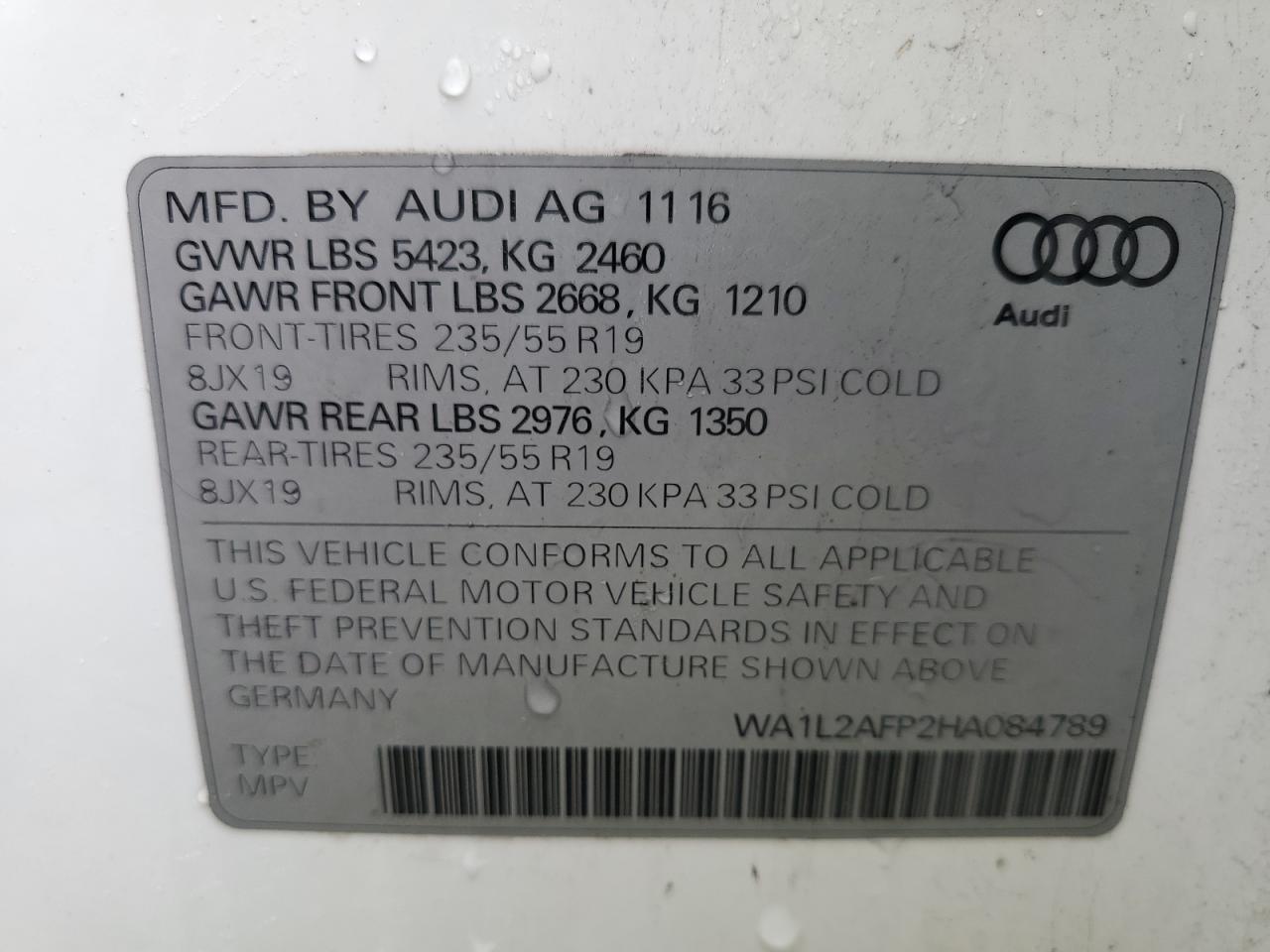 2017 Audi Q5 Premium Plus VIN: WA1L2AFP2HA084789 Lot: 80356165