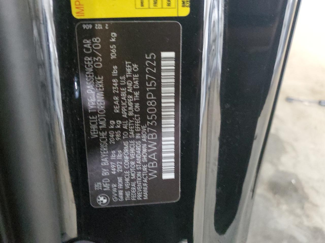 2008 BMW 335 I VIN: WBAWB73508P157225 Lot: 84200035