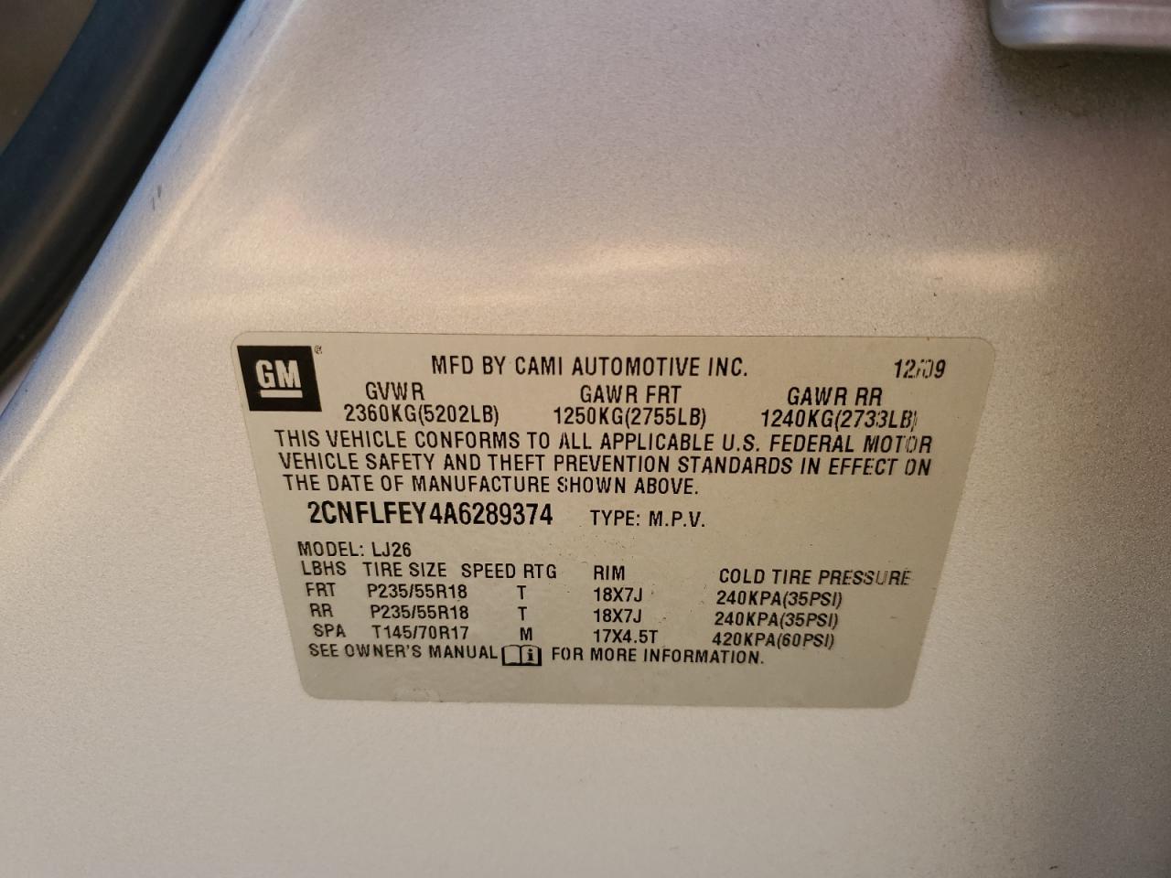 2010 Chevrolet Equinox Ltz VIN: 2CNFLFEY4A6289374 Lot: 80956245