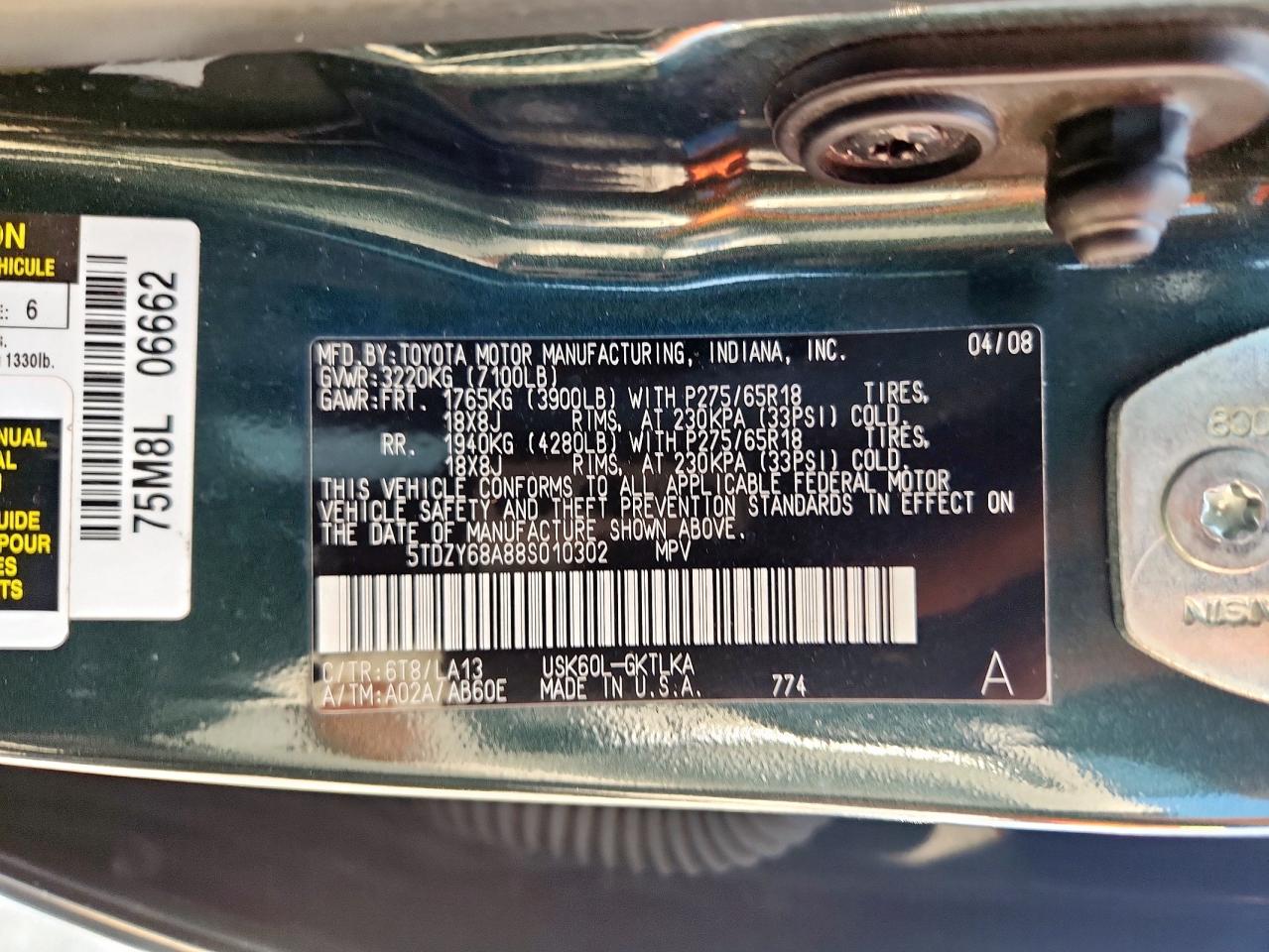 2008 Toyota Sequoia Limited VIN: 5TDZY68A88S010302 Lot: 80730255