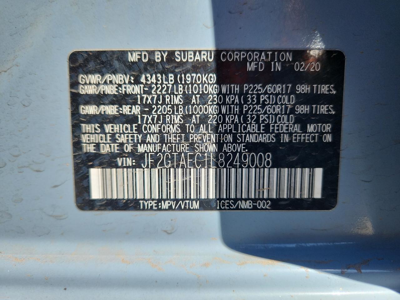 2020 Subaru Crosstrek Premium VIN: JF2GTAEC1L8249008 Lot: 83800025