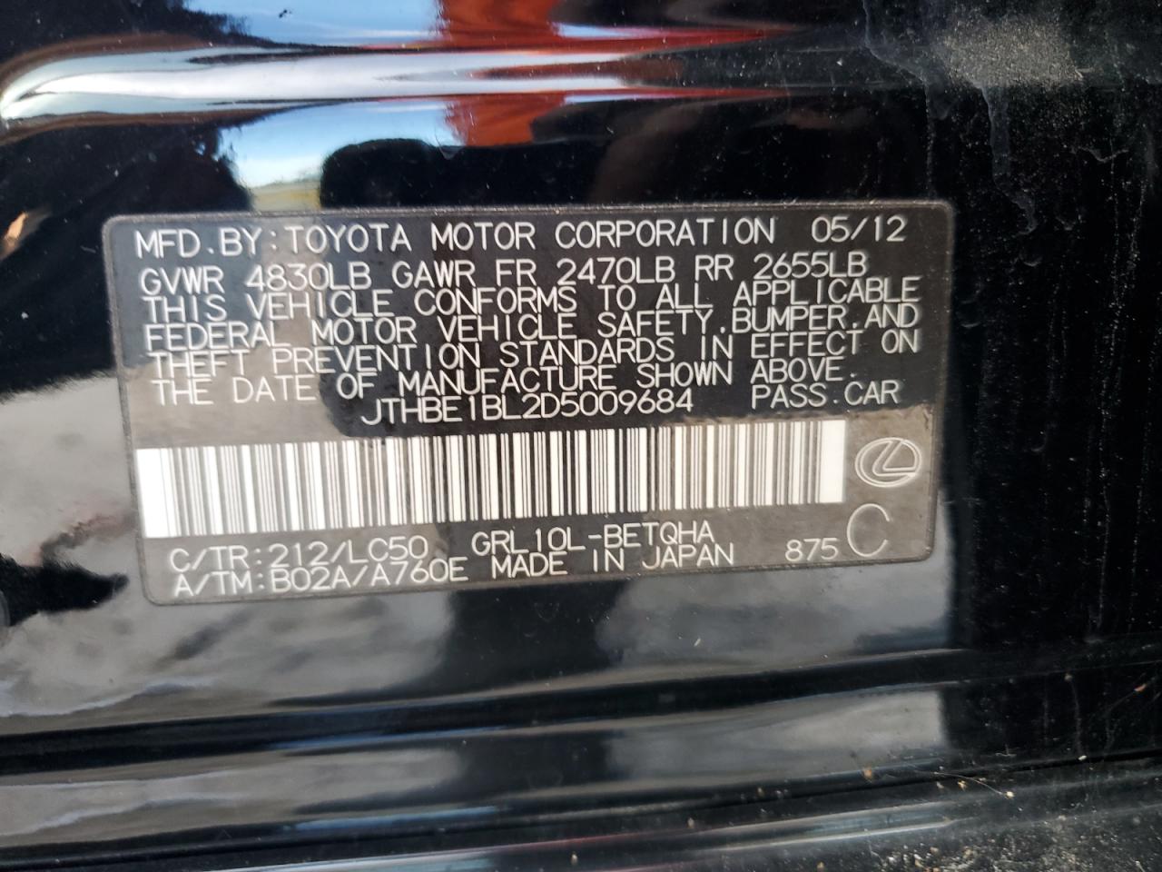 2013 Lexus Gs 350 VIN: JTHBE1BL2D5009684 Lot: 67566335