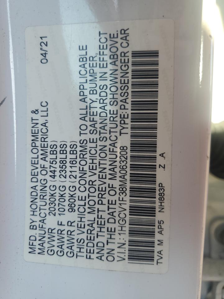 2021 Honda Accord Sport VIN: 1HGCV1F38MA063208 Lot: 83861265