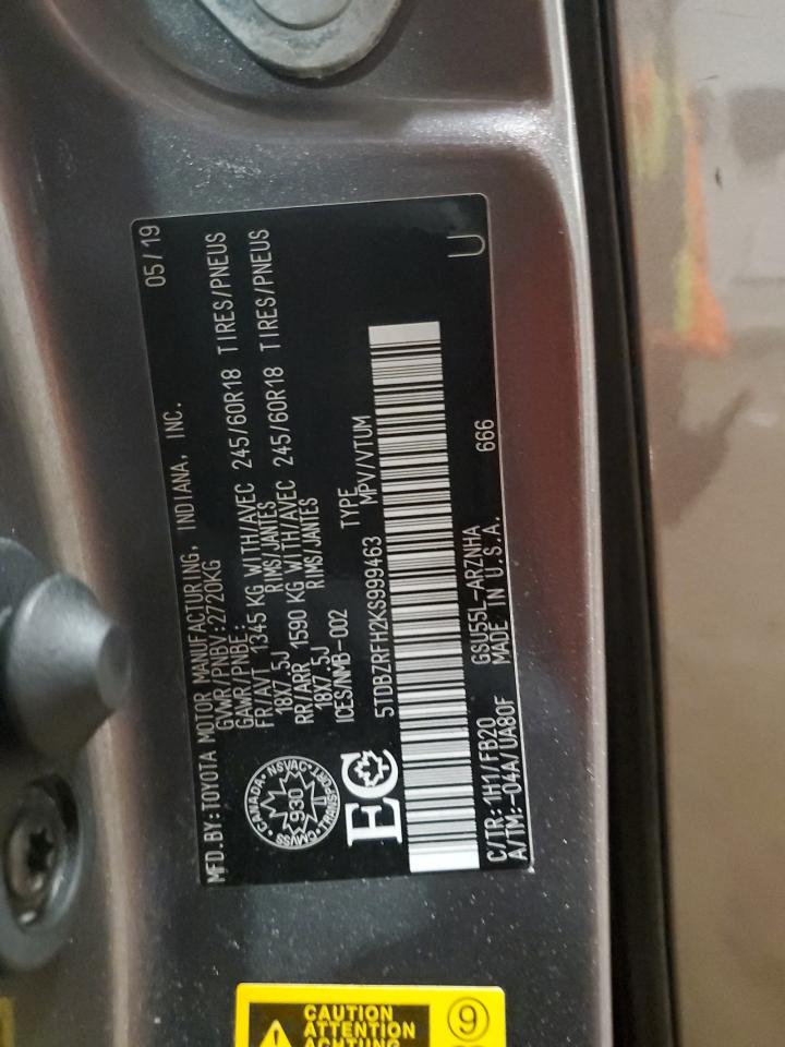 2019 Toyota Highlander Le VIN: 5TDBZRFH2KS999463 Lot: 71450875