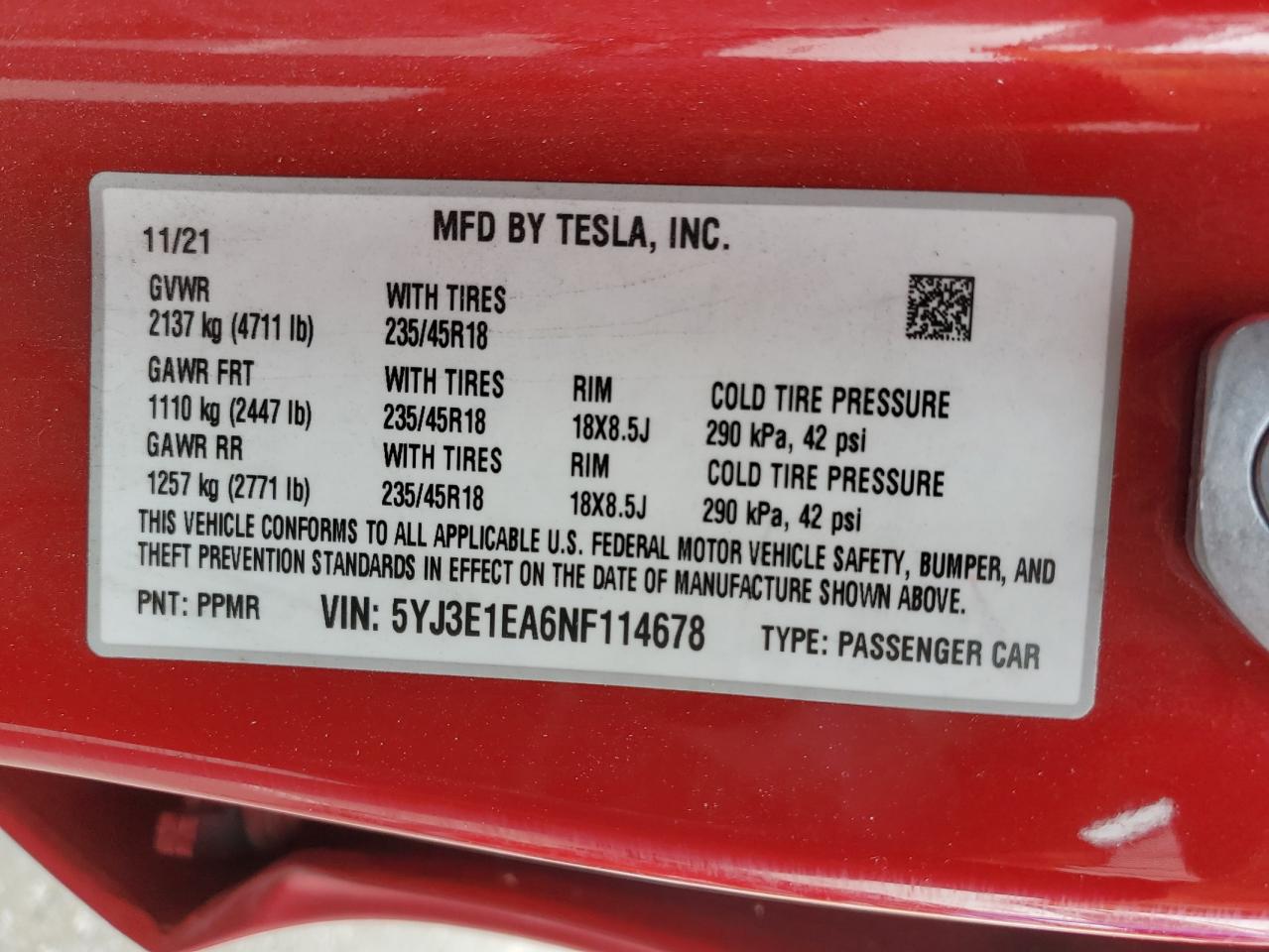 2022 Tesla Model 3 VIN: 5YJ3E1EA6NF114678 Lot: 84458155