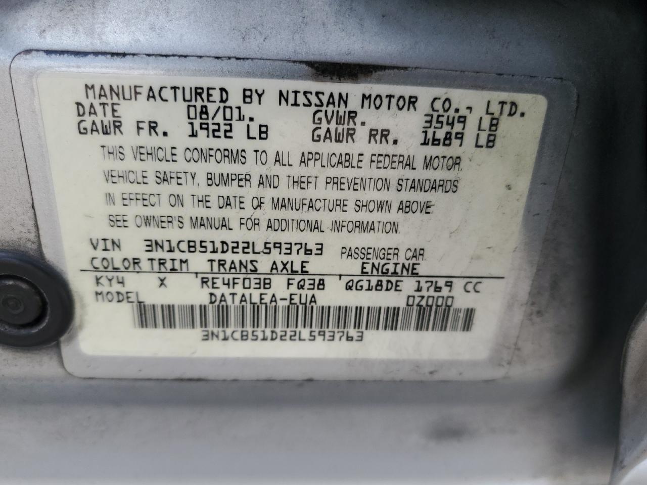 2002 Nissan Sentra Xe VIN: 3N1CB51D22L593763 Lot: 81472235