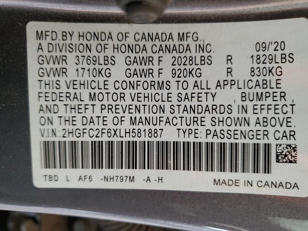 2020 Honda Civic Lx VIN: 2HGFC2F6XLH581887 Lot: 83826945
