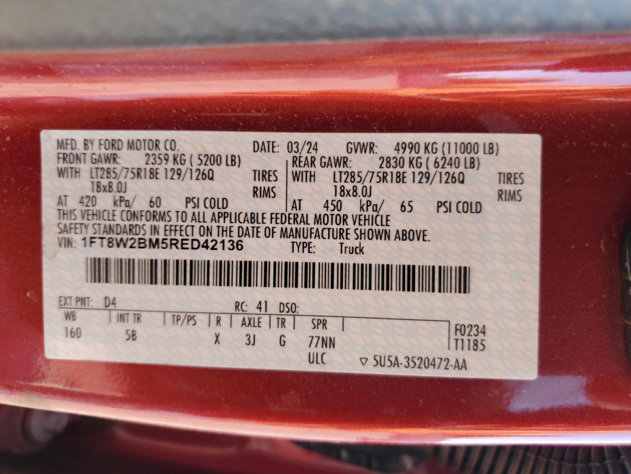 2024 Ford F250 Super Duty VIN: 1FT8W2BM5RED42136 Lot: 70585895