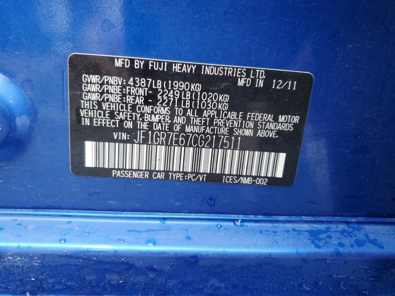 2012 Subaru Impreza Wrx VIN: JF1GR7E67CG217511 Lot: 84707125