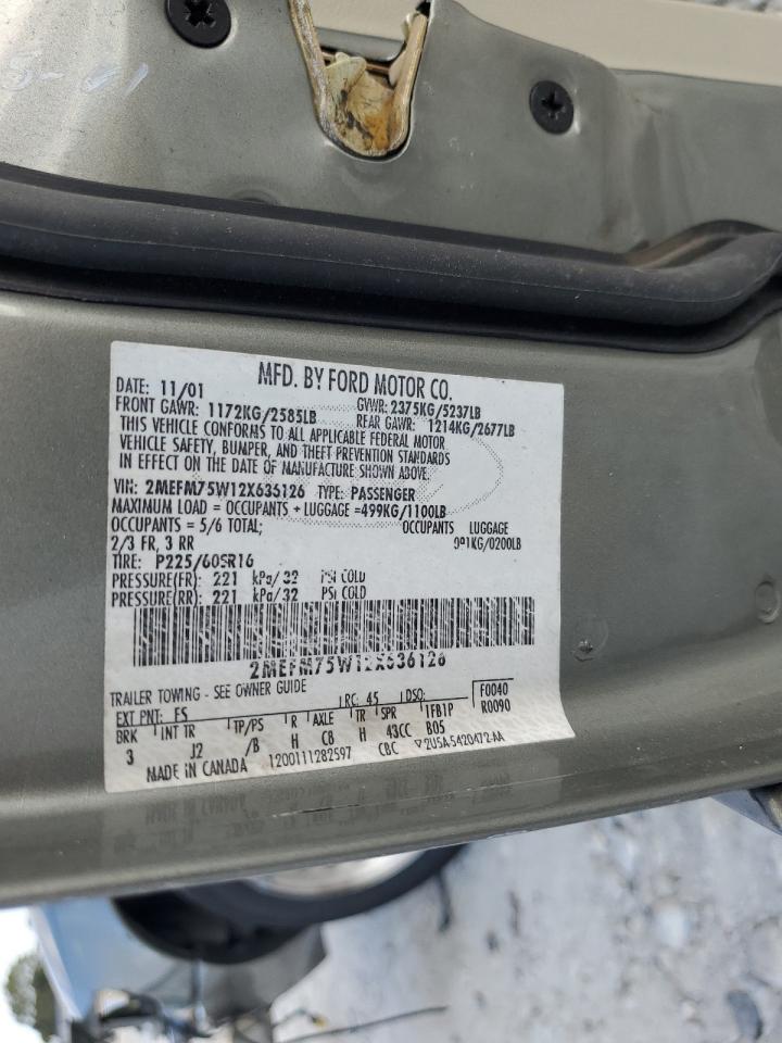 2002 Mercury Grand Marquis Ls VIN: 2MEFM75W12X636126 Lot: 80376215