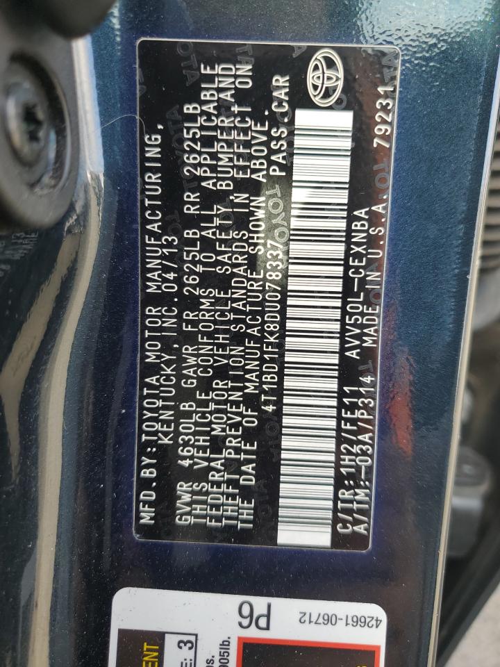 2013 Toyota Camry Hybrid VIN: 4T1BD1FK8DU078337 Lot: 82164455