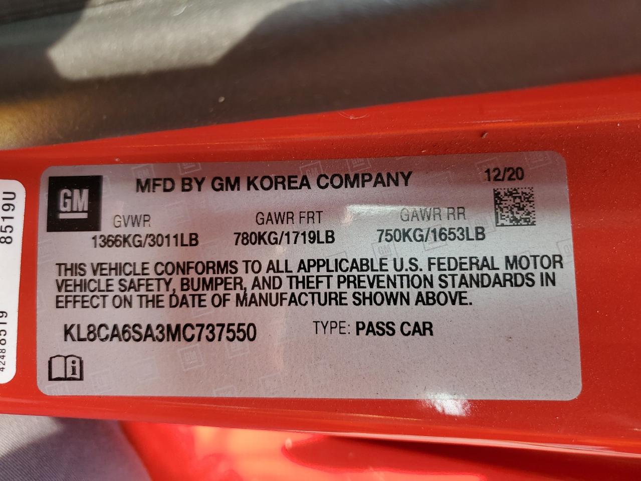 2021 Chevrolet Spark Ls VIN: KL8CA6SA3MC737550 Lot: 71291905