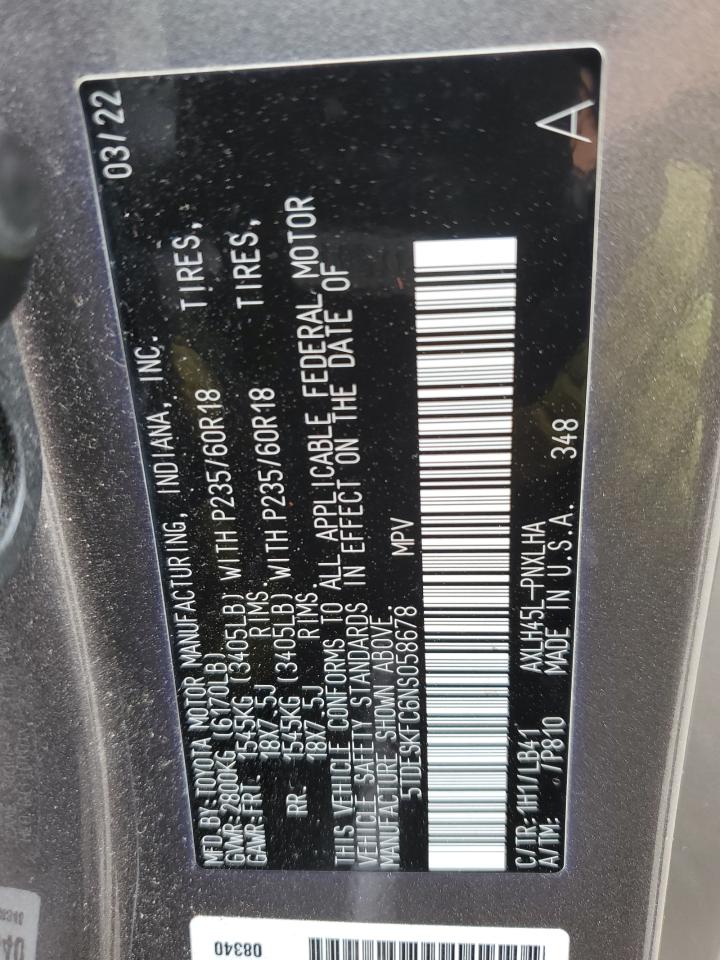 2022 Toyota Sienna Limited VIN: 5TDESKFC6NS058678 Lot: 81448615