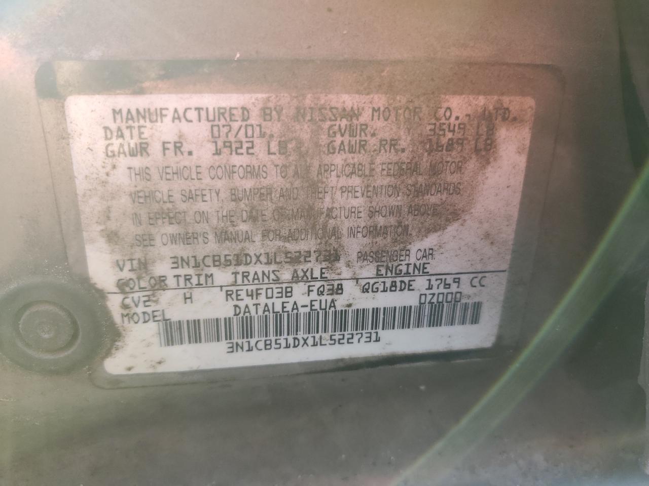 2001 Nissan Sentra Xe VIN: 3N1CB51DX1L522731 Lot: 81017495