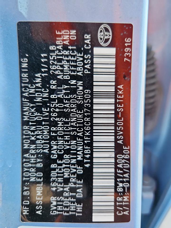 2012 Toyota Camry Base VIN: 4T4BF1FK6CR173509 Lot: 82062675