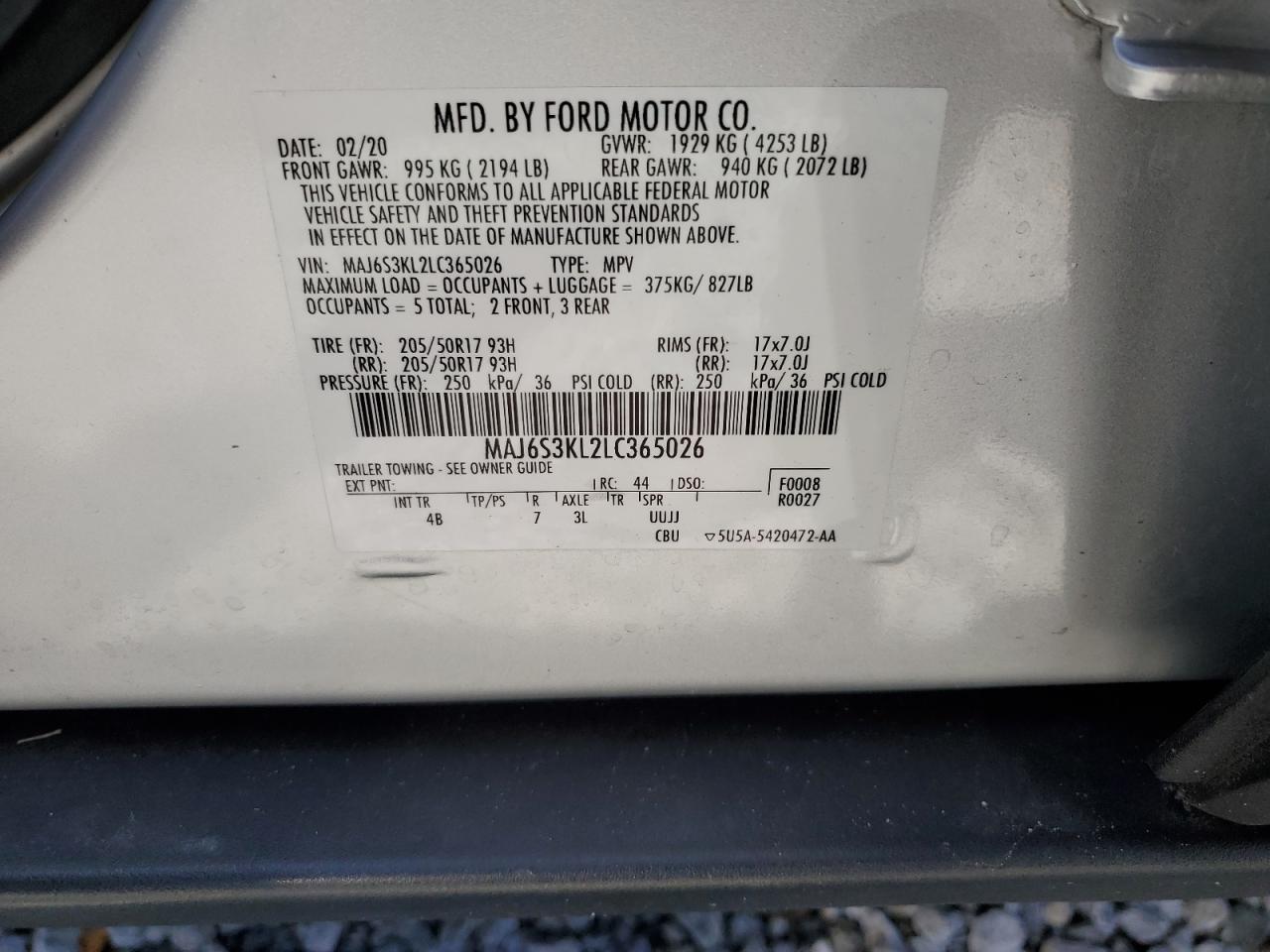 2020 Ford Ecosport Titanium VIN: MAJ6S3KL2LC365026 Lot: 70928345
