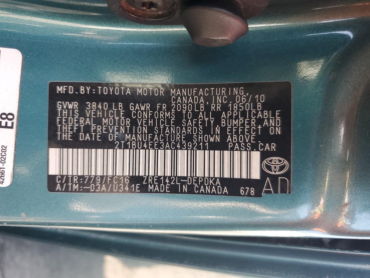 2010 Toyota Corolla Base VIN: 2T1BU4EE3AC439211 Lot: 81607255