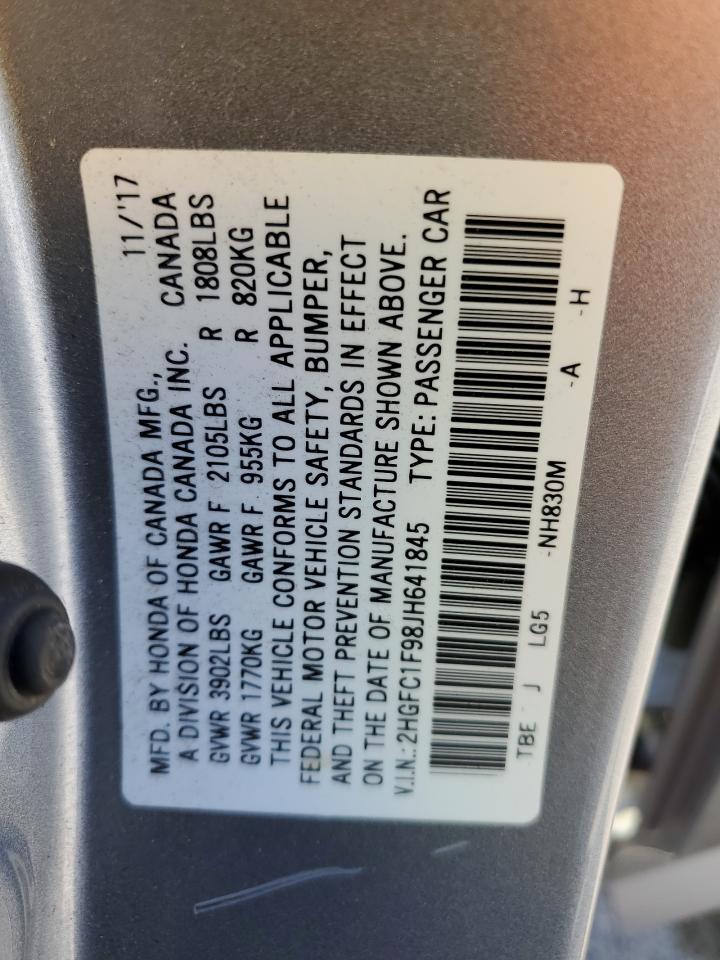 2018 Honda Civic Touring VIN: 2HGFC1F98JH641845 Lot: 70909395